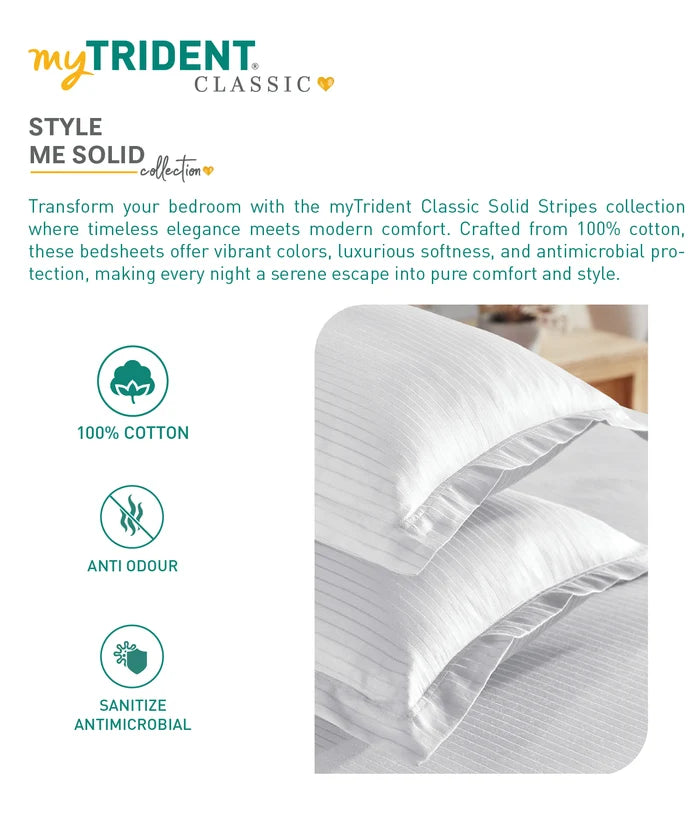 Classic Stripe Solid King Bedsheet Set,White |210 TC Cotton| 2 Pillow Covers