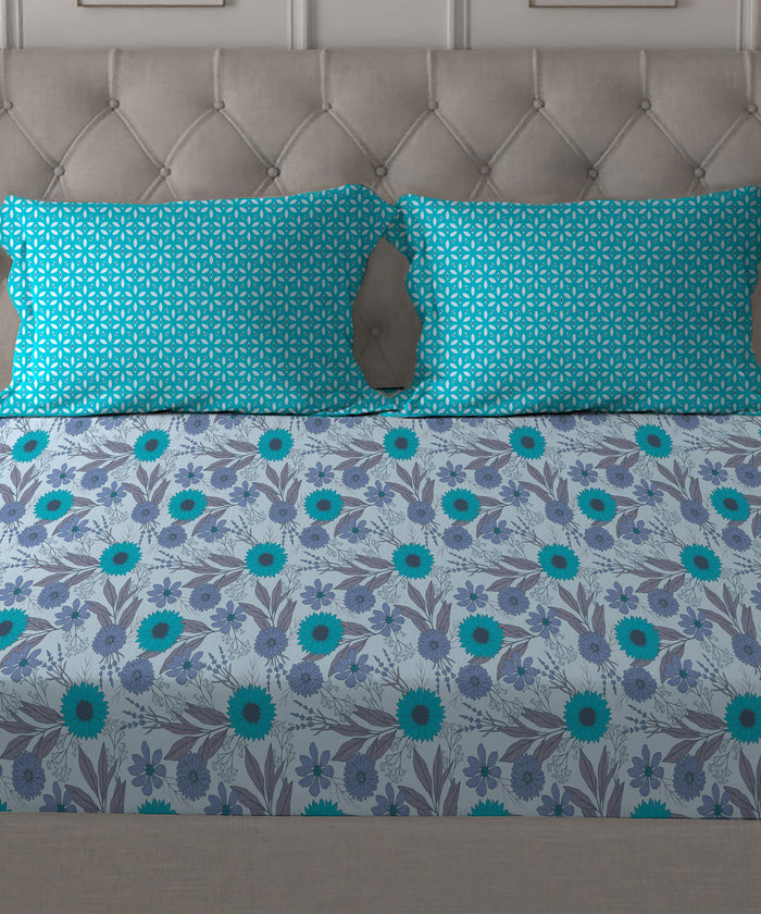 Comfort Living Queen Bedsheet Set, Sunflower Blue| 120 TC Cotton|2 Pillow Cover