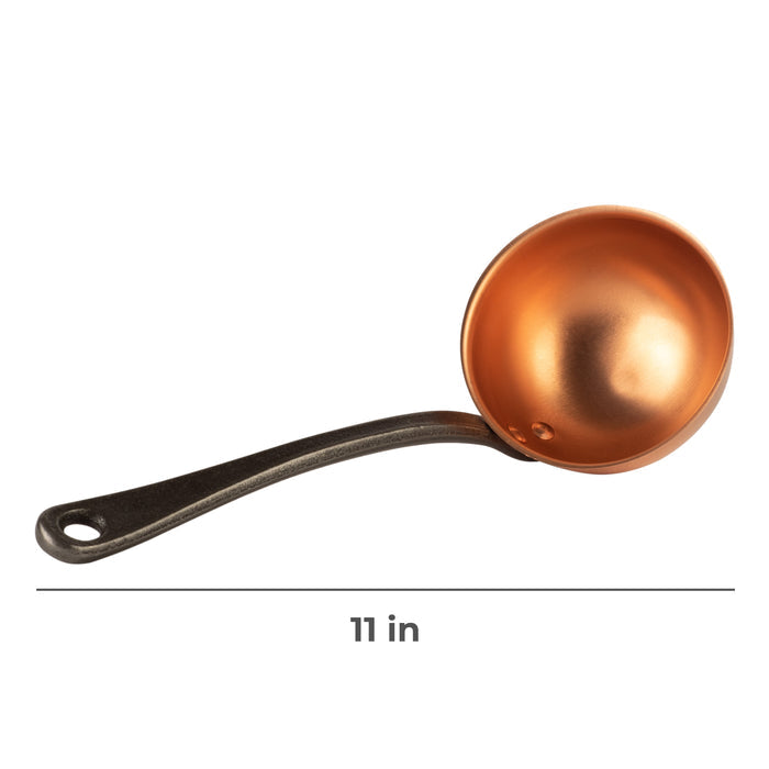 Copper Ladle with Cast Iron Handle — angled ladle with overall length marked; Cuisine Romefort