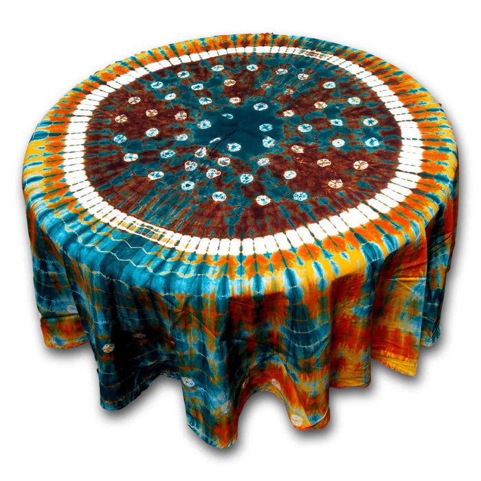 Cotton Bandhani Tie Dye Mandala Tablecloth Round 76 inches Blue Orange Brown - Sweet Us