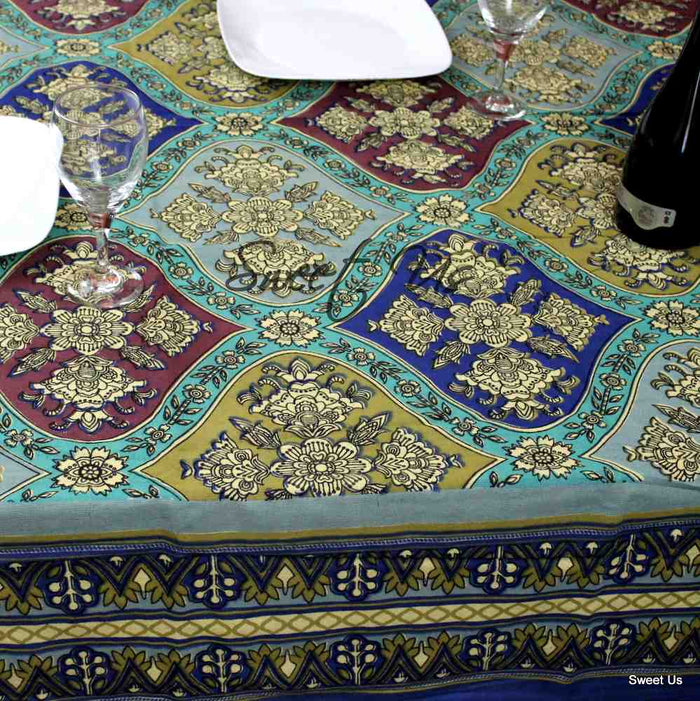 Cotton Floral Geometric Tablecloth for Rectangle Tables Blue Gold Dining Linen
