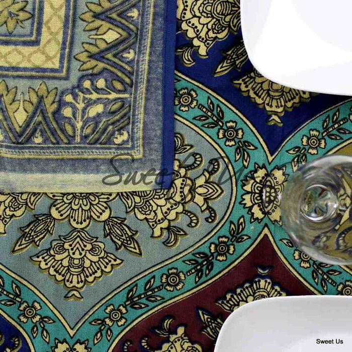 Cotton Floral Geometric Tablecloth for Rectangle Tables Blue Gold Dining Linen
