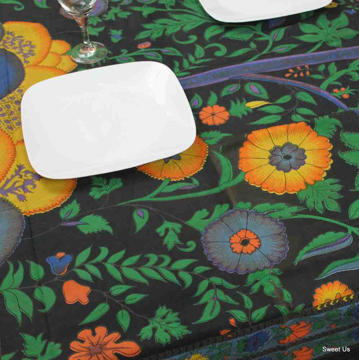 Cotton Floral Tree of Life Tablecloth Rectangle Black Kitchen Dining Linen