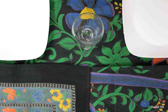 Cotton Floral Tree of Life Tablecloth Rectangle Black Kitchen Dining Linen