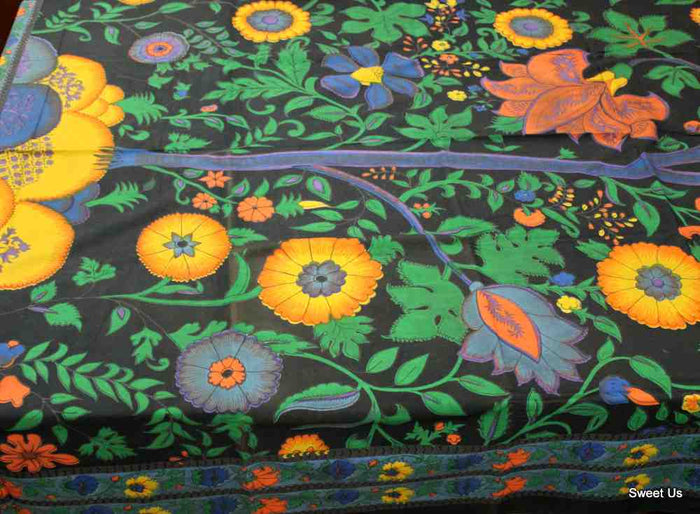 Cotton Floral Tree of Life Tablecloth Rectangle Black Kitchen Dining Linen