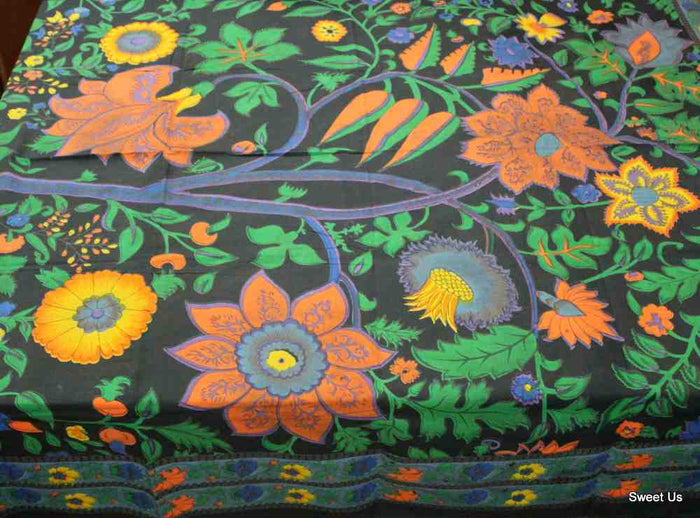 Cotton Floral Tree of Life Tablecloth Rectangle Black Kitchen Dining Linen