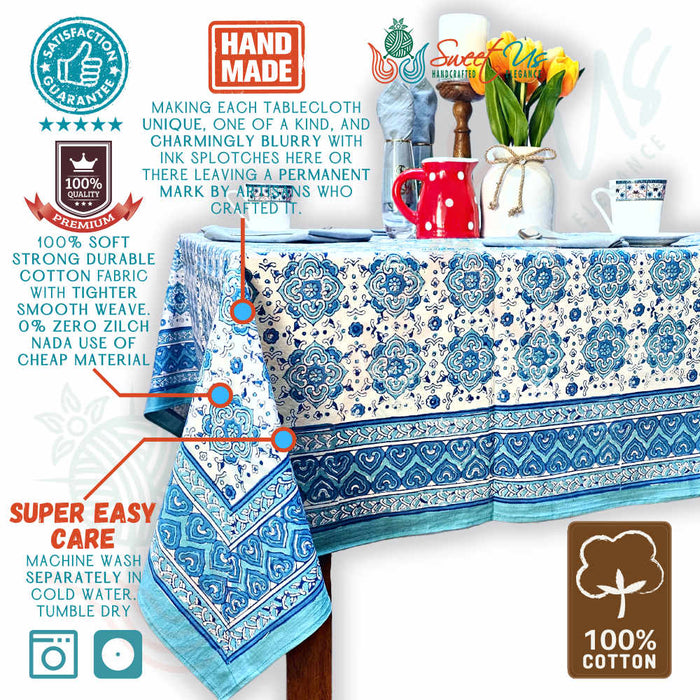 Cotton Springtime Splendor Tablecloth Collection, Ice Blue - Sweet Us