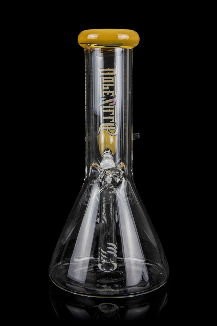 Clear glass bong with intricate designs and a wooden mouthpiece, isolated on a black background.
