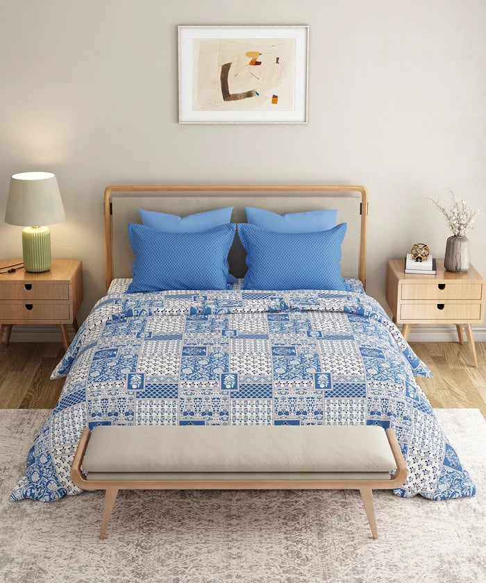 Everyday Printed Double Bedsheet Set, Agatha Blue| 120TC Cotton| 2 Pillow covers