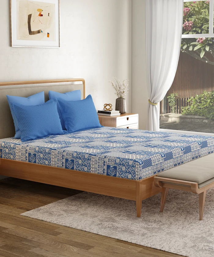 Everyday Printed Double Bedsheet Set, Agatha Blue| 120TC Cotton| 2 Pillow covers