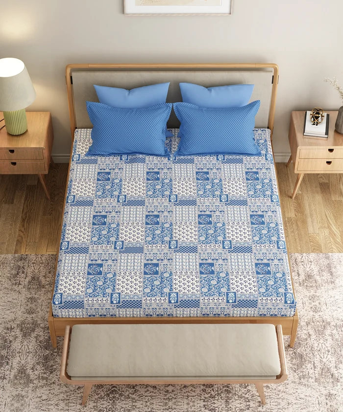 Everyday Printed Double Bedsheet Set, Agatha Blue| 120TC Cotton| 2 Pillow covers