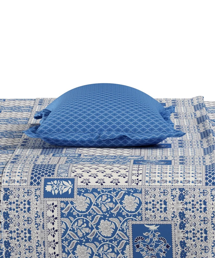 Everyday Printed Double Bedsheet Set, Agatha Blue| 120TC Cotton| 2 Pillow covers