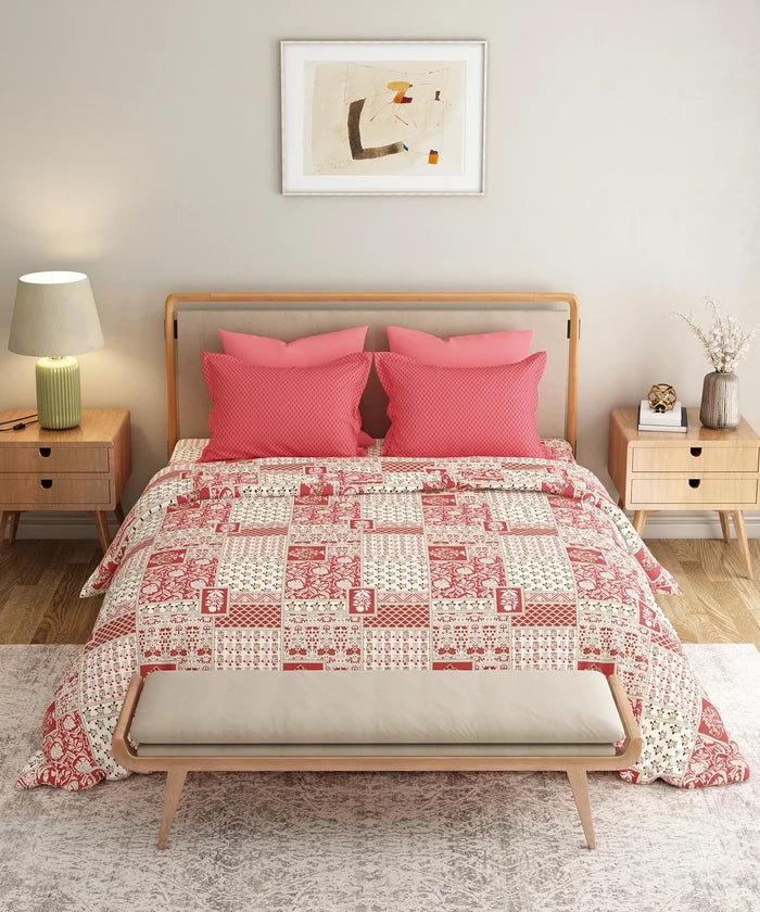 Everyday Printed Double Bedsheet Set, Agatha Red| 120TC Cotton| 2 Pillow covers