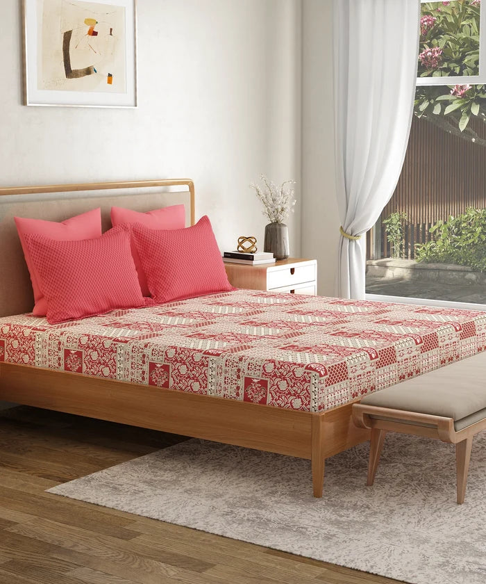 Everyday Printed Double Bedsheet Set, Agatha Red| 120TC Cotton| 2 Pillow covers