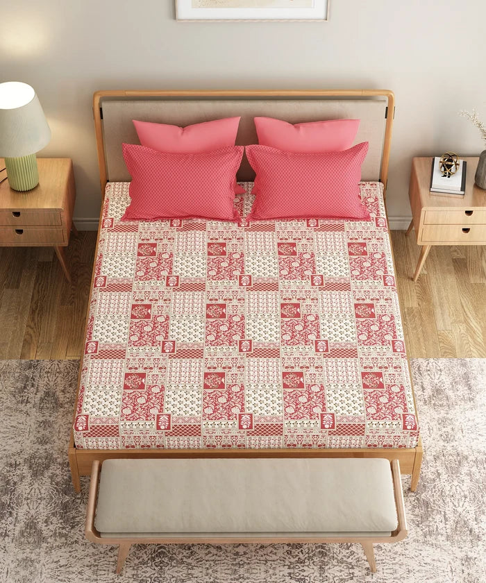 Everyday Printed Double Bedsheet Set, Agatha Red| 120TC Cotton| 2 Pillow covers