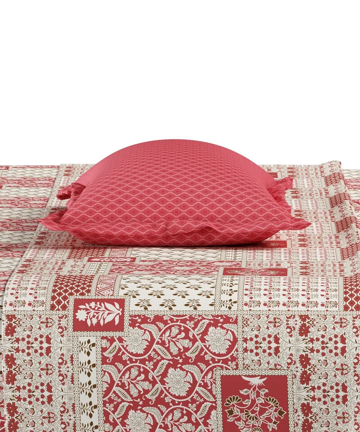Everyday Printed Double Bedsheet Set, Agatha Red| 120TC Cotton| 2 Pillow covers