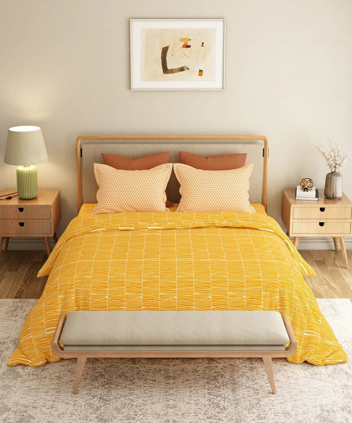 Everyday Printed Double Bedsheet Set, Blair Ochre| 120TC Cotton| 2 Pillow covers