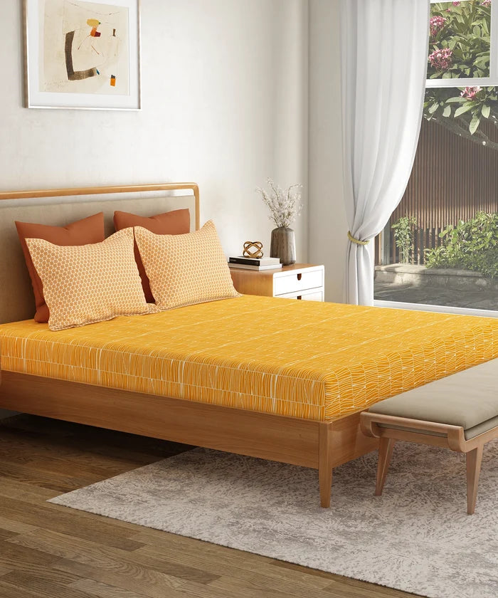 Everyday Printed Double Bedsheet Set, Blair Ochre| 120TC Cotton| 2 Pillow covers