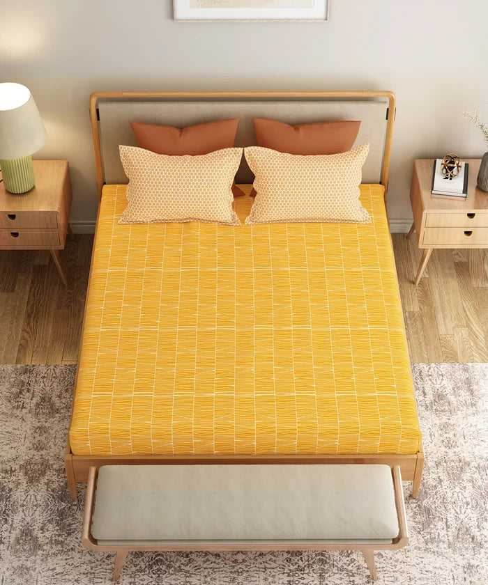 Everyday Printed Double Bedsheet Set, Blair Ochre| 120TC Cotton| 2 Pillow covers