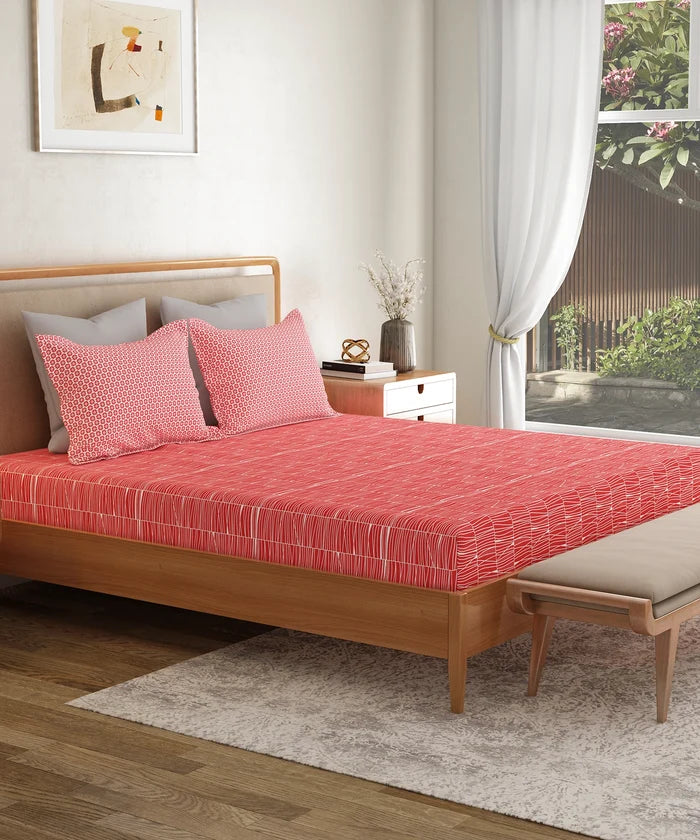 Everyday Printed Double Bedsheet Set, Blair Red | 120TC Cotton| 2 Pillow covers