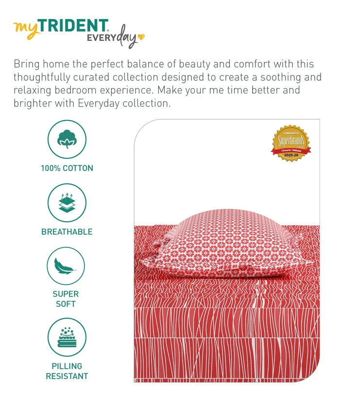 Everyday Printed Double Bedsheet Set, Blair Red | 120TC Cotton| 2 Pillow covers