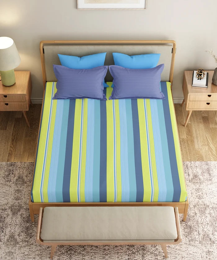 Everyday Printed Double Bedsheet Set, Brooke Blue | 120TC Cotton| 2 Pillow covers