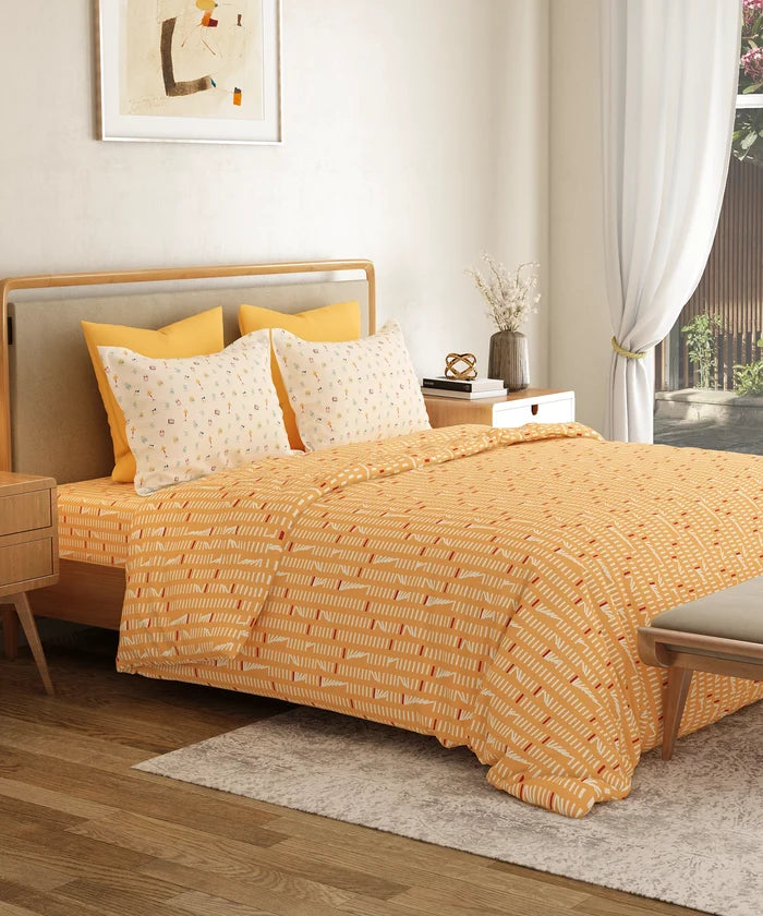 Everyday Printed Double Bedsheet Set, Domino Ochre | 120TC Cotton| 2 Pillow covers