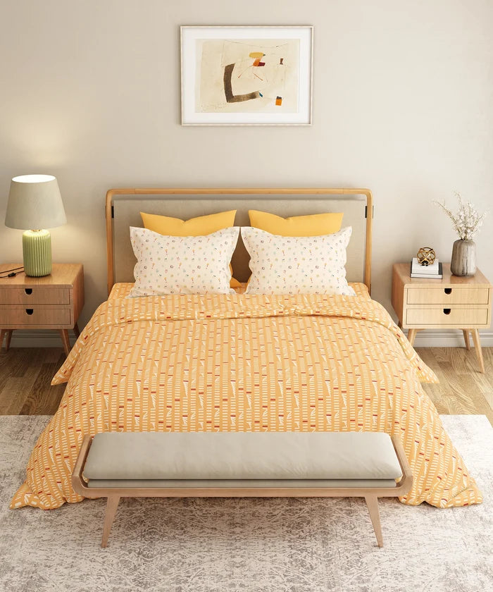 Everyday Printed Double Bedsheet Set, Domino Ochre | 120TC Cotton| 2 Pillow covers