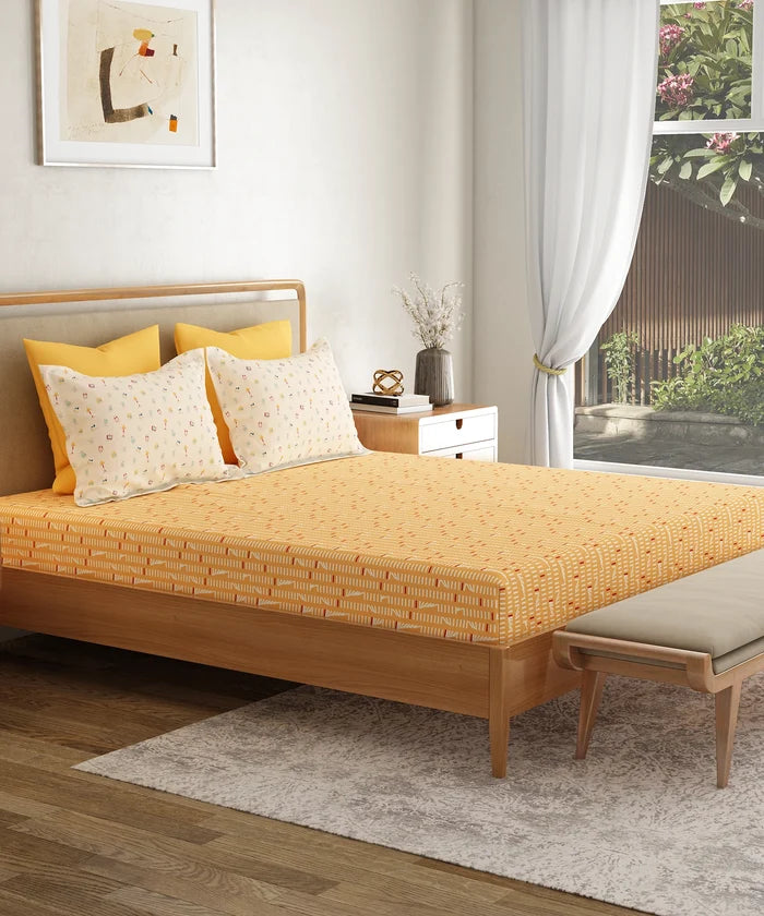 Everyday Printed Double Bedsheet Set, Domino Ochre | 120TC Cotton| 2 Pillow covers
