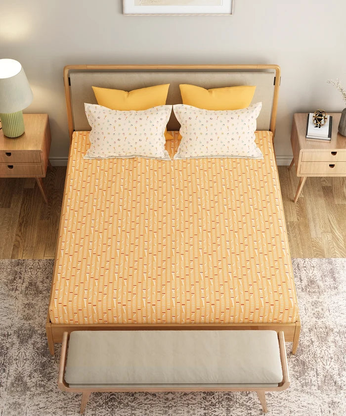 Everyday Printed Double Bedsheet Set, Domino Ochre | 120TC Cotton| 2 Pillow covers