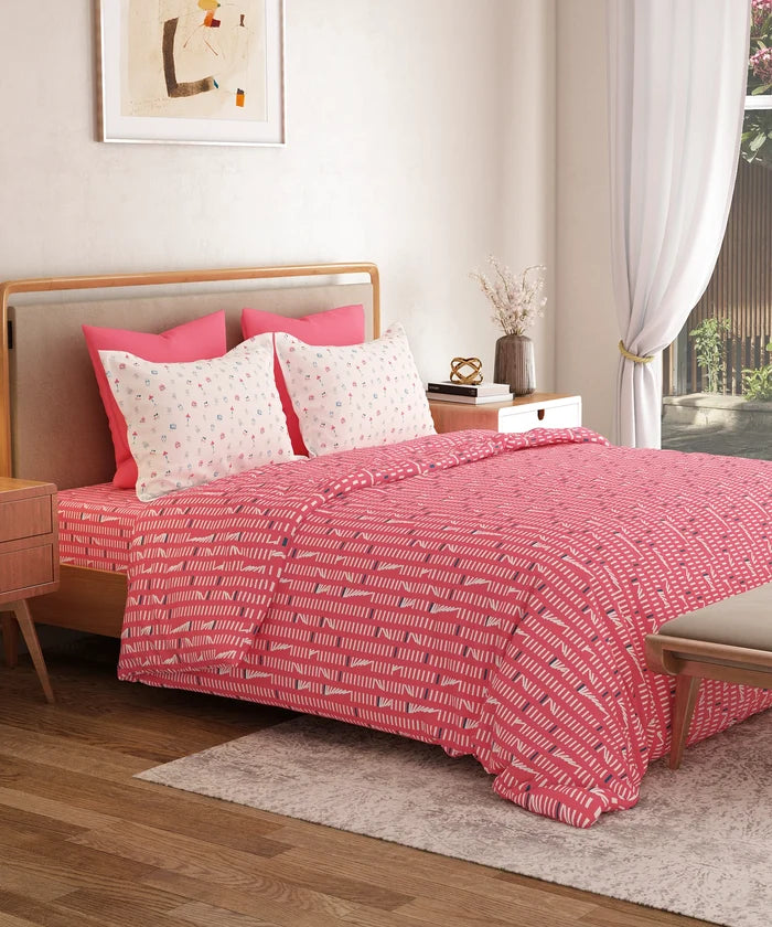 Everyday Printed Double Bedsheet Set, Domino Pink | 120TC Cotton| 2 Pillow covers