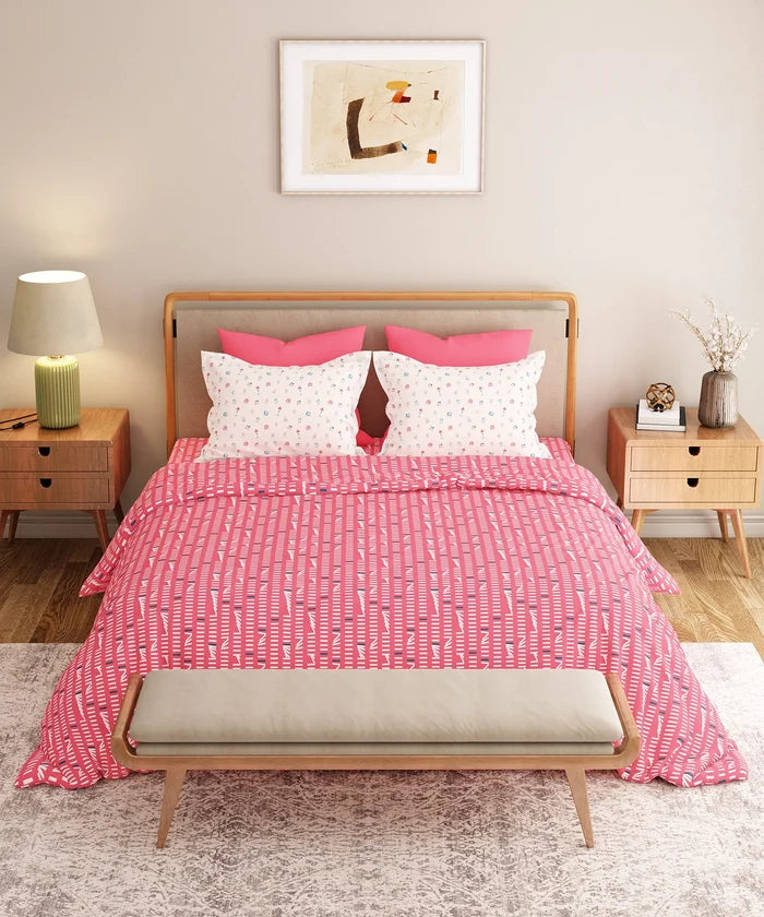 Everyday Printed Double Bedsheet Set, Domino Pink | 120TC Cotton| 2 Pillow covers