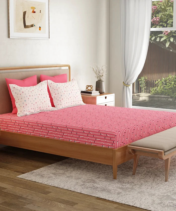Everyday Printed Double Bedsheet Set, Domino Pink | 120TC Cotton| 2 Pillow covers