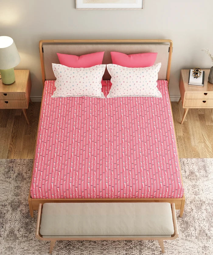 Everyday Printed Double Bedsheet Set, Domino Pink | 120TC Cotton| 2 Pillow covers