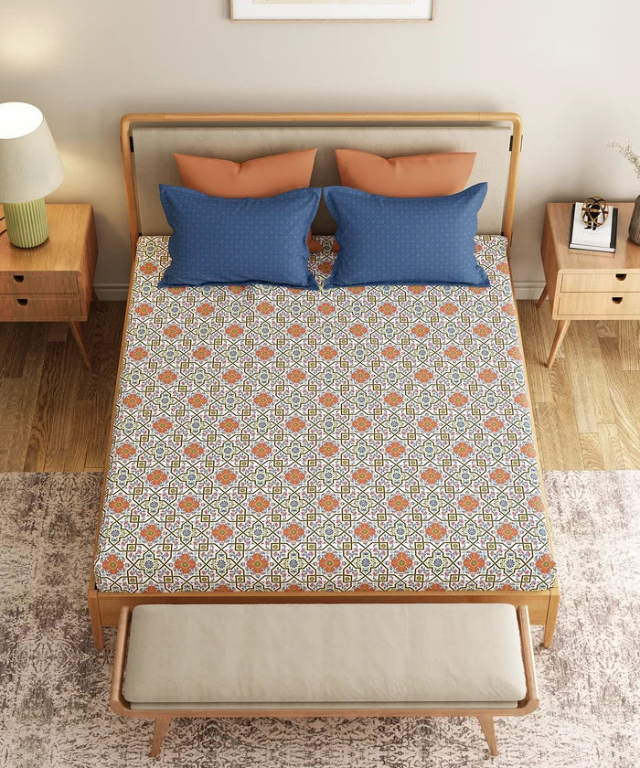 Everyday Printed Double Bedsheet Set, Flourish Red| 120TC Cotton| 2 Pillow covers