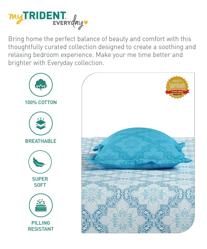 Everyday Printed Double Bedsheet Set, Harper Blue | 120TC Cotton| 2 Pillow covers