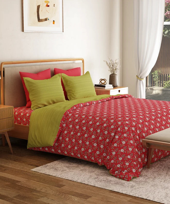 Everyday Printed Double Bedsheet Set, Petal Pop Red| 120TC Cotton|2 Pillow covers