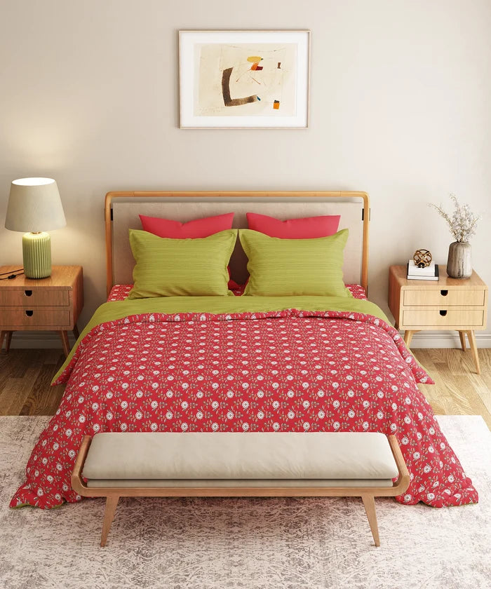 Everyday Printed Double Bedsheet Set, Petal Pop Red| 120TC Cotton|2 Pillow covers