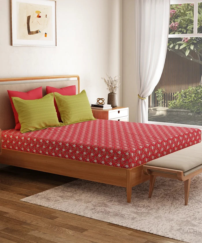Everyday Printed Double Bedsheet Set, Petal Pop Red| 120TC Cotton|2 Pillow covers