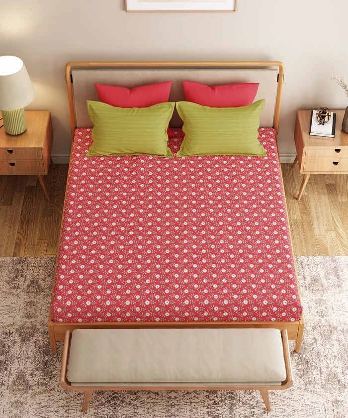 Everyday Printed Double Bedsheet Set, Petal Pop Red| 120TC Cotton|2 Pillow covers