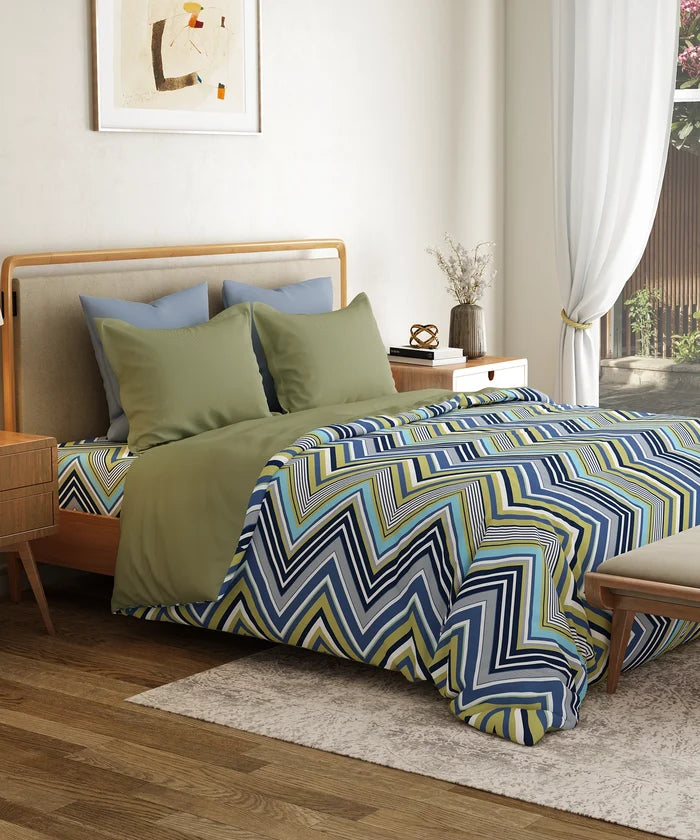 Everyday Printed Double Bedsheet Set, Wave Blues| 120TC Cotton| 2Pillow covers