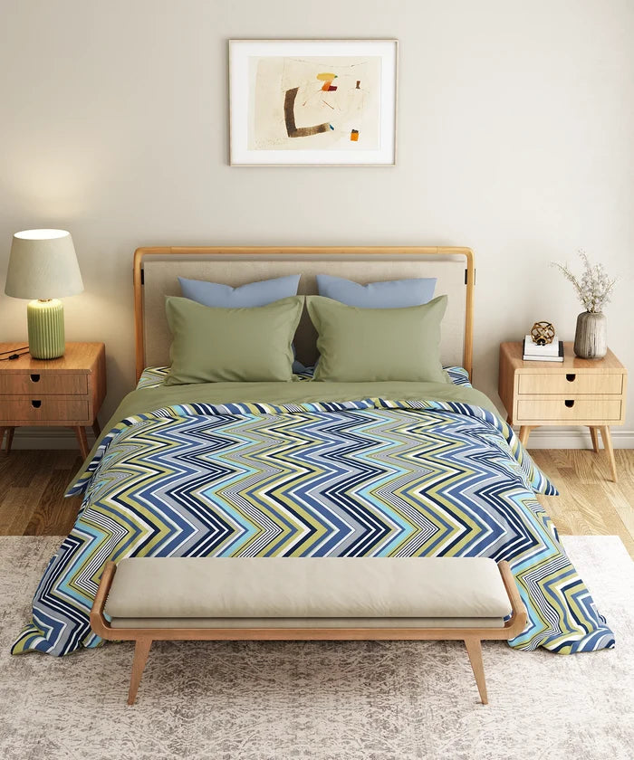 Everyday Printed Double Bedsheet Set, Wave Blues| 120TC Cotton| 2Pillow covers