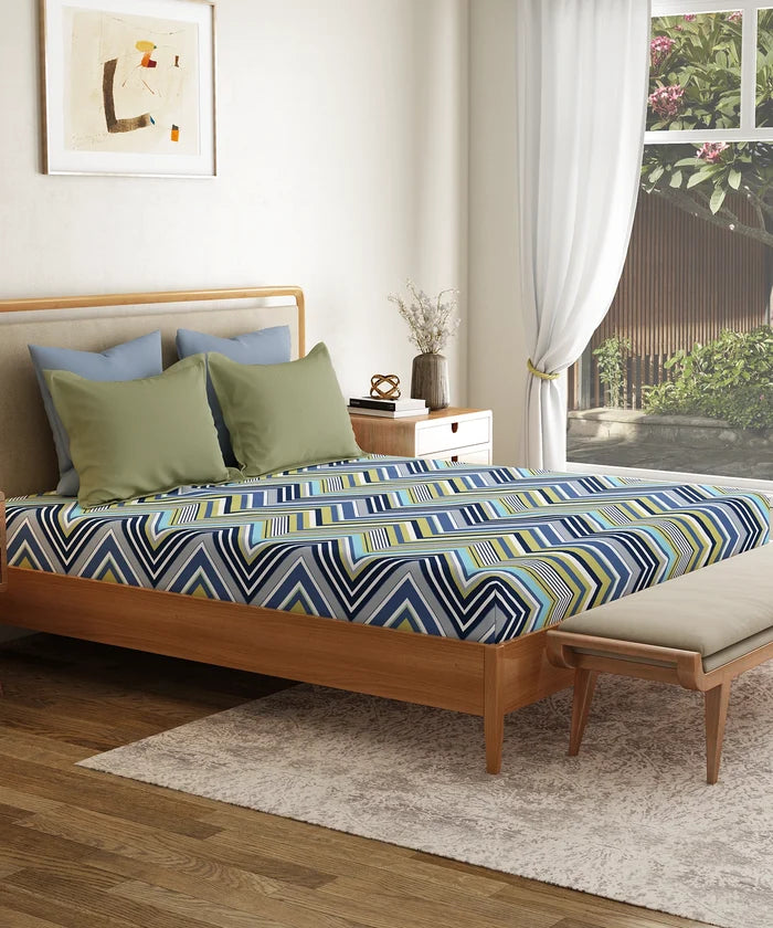 Everyday Printed Double Bedsheet Set, Wave Blues| 120TC Cotton| 2Pillow covers