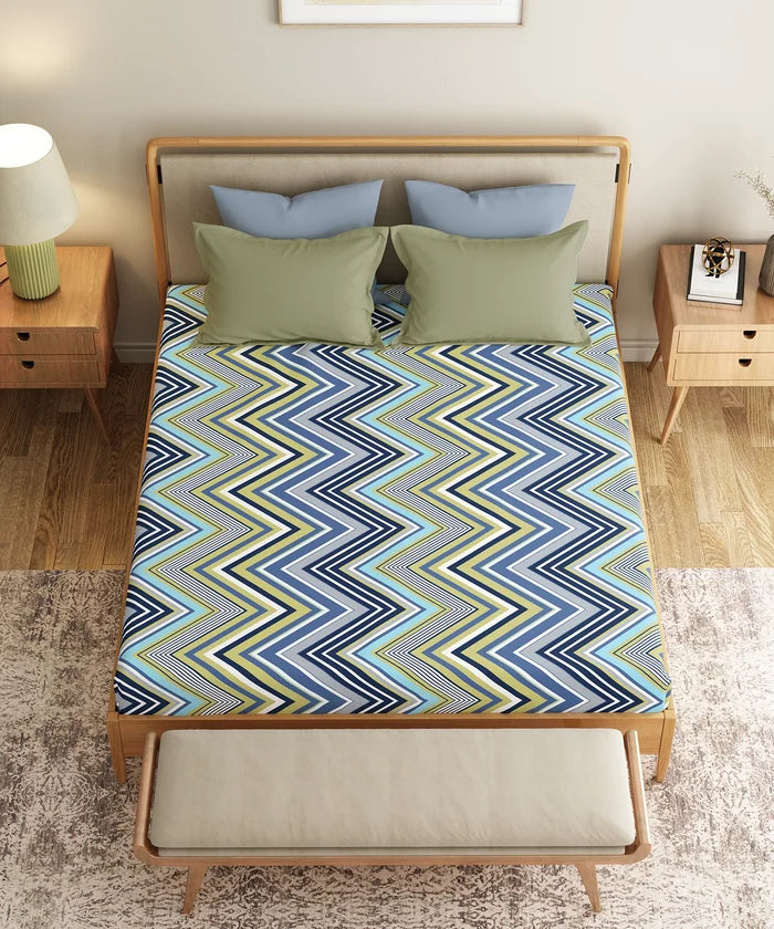 Everyday Printed Double Bedsheet Set, Wave Blues| 120TC Cotton| 2Pillow covers