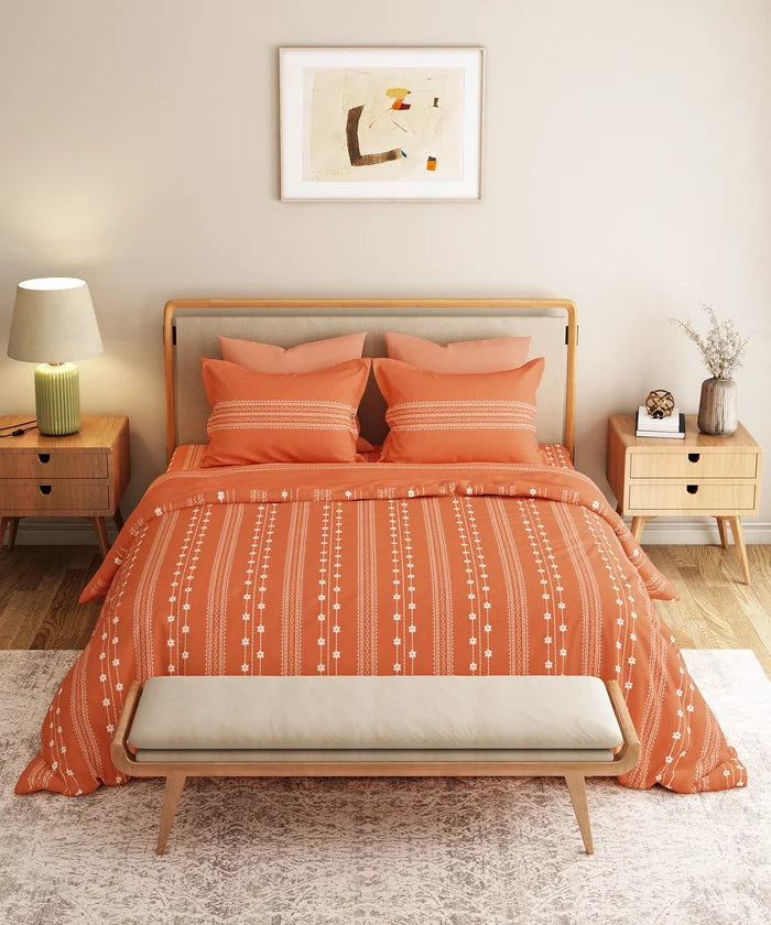 Everyday Printed Double Bedsheet Set, Zari Terracotta| 120TC Cotton| 2 Pillow covers