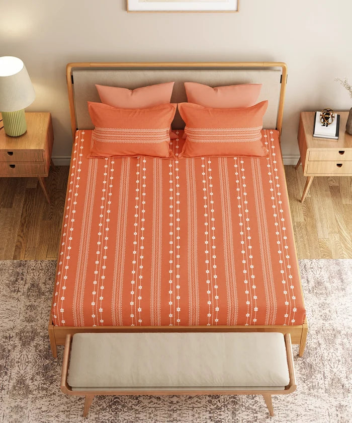 Everyday Printed Double Bedsheet Set, Zari Terracotta| 120TC Cotton| 2 Pillow covers