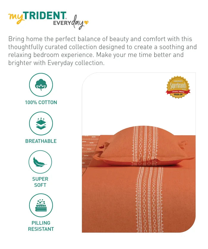 Everyday Printed Double Bedsheet Set, Zari Terracotta| 120TC Cotton| 2 Pillow covers