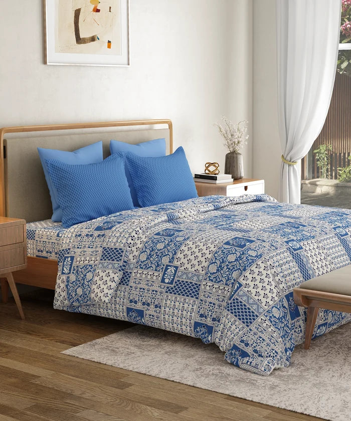 Everyday Printed King Bedsheet Set, Agatha Blue | 120TC Cotton| 2 Pillow covers