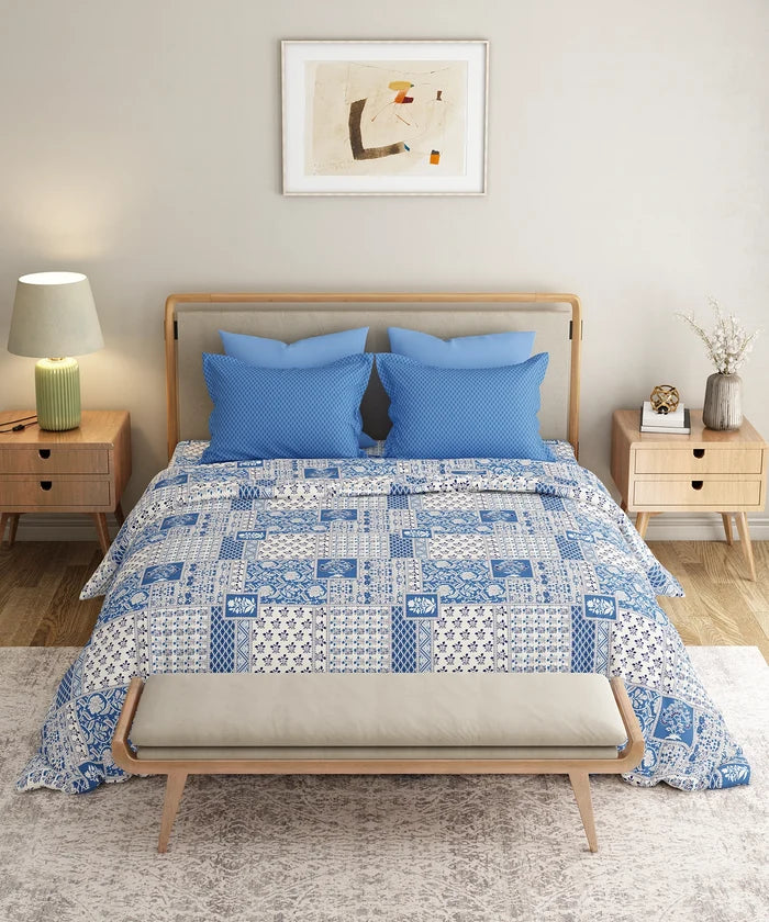 Everyday Printed King Bedsheet Set, Agatha Blue | 120TC Cotton| 2 Pillow covers