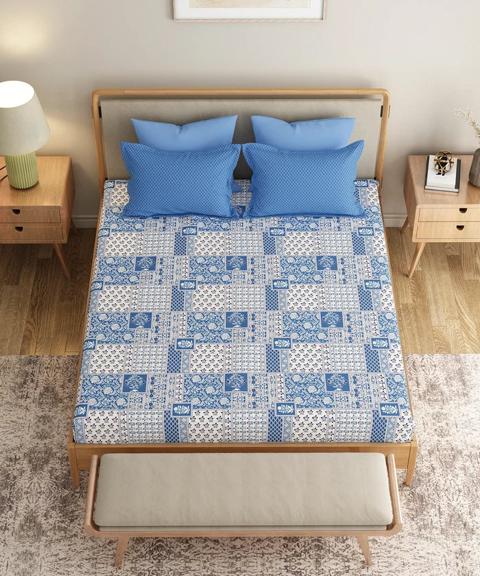 Everyday Printed King Bedsheet Set, Agatha Blue | 120TC Cotton| 2 Pillow covers